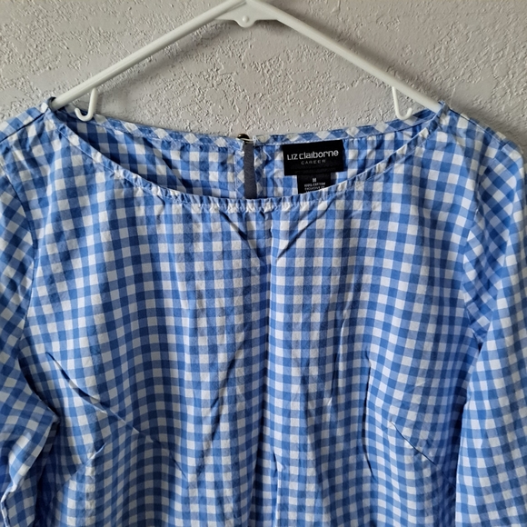 Liz Claiborne Blue Plaid Top with White Lace Elbow Sleeves - Picture 2 of 7